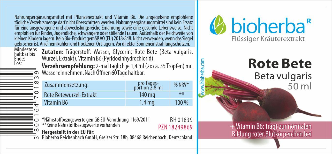 Etikett mit Produktinformationen. Text: Bioherba Rote Bete Beta vulgaris, 50 ml. Zutaten, Nährwertangaben, Verzehrempfehlung.