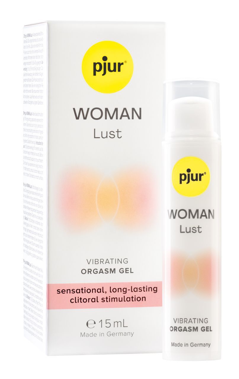 Produktverpackung und Flasche. Aufschrift: pjur WOMAN Lust, Vibrating Orgasm Gel. Rosa-orangefarbene Abbildung. 15 ml.