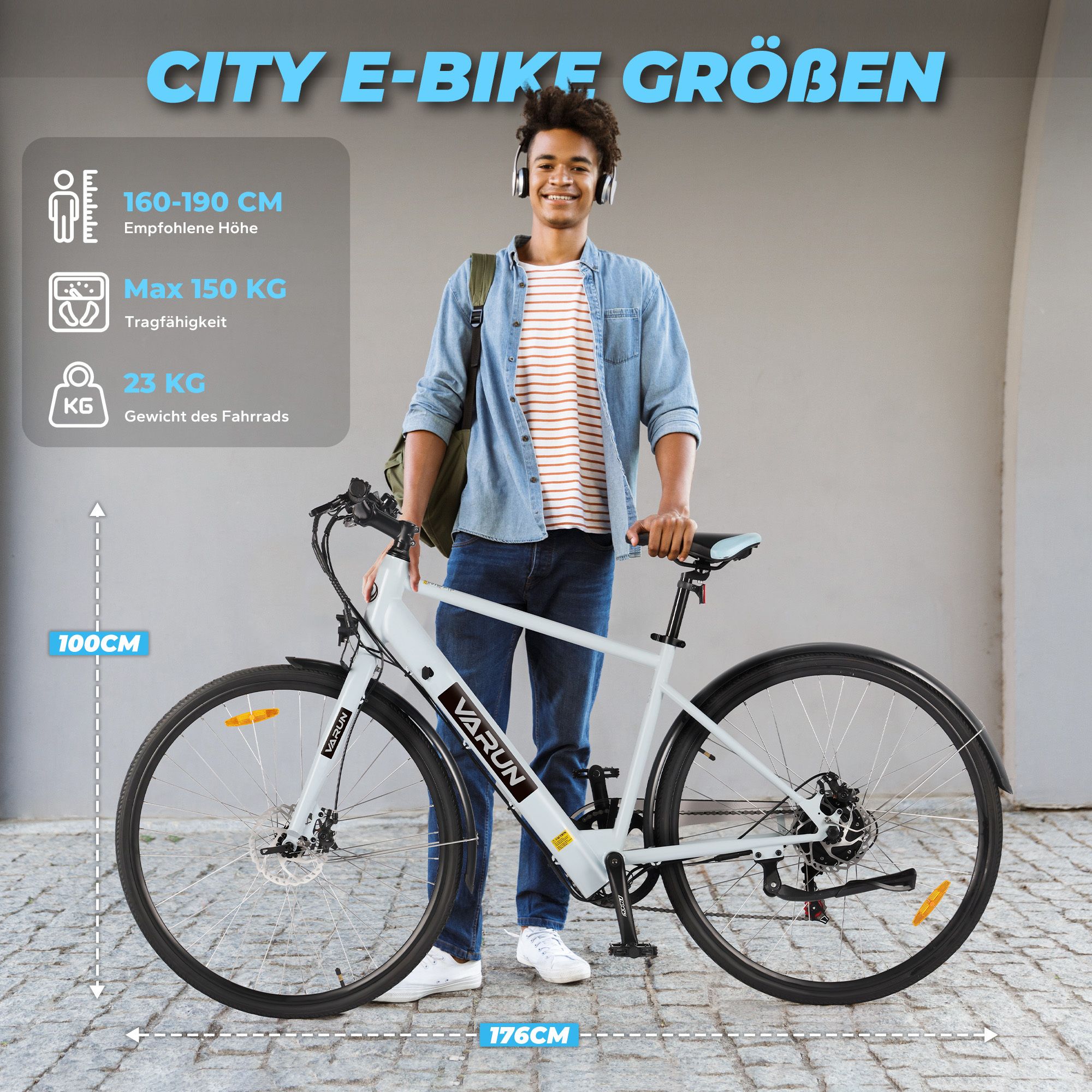 E-Bike mit Person. Empfohlene Höhe 160-190 cm, max. 150 kg Tragfähigkeit, 23 kg Gewicht, 100 cm hoch, 176 cm lang.