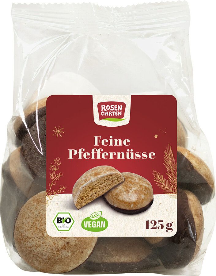 Klarsichtbeutel mit Pfeffernüssen. Roter Aufkleber mit "Rosengarten", "Feine Pfeffernüsse", Bio-Siegel, Vegan-Logo und 125g.