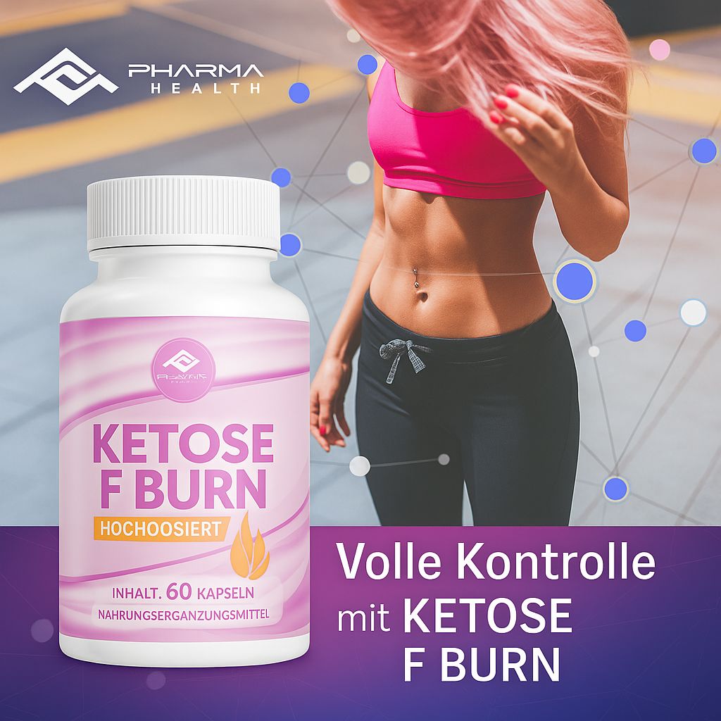 Weiße Flasche mit rosa Etikett. Aufschrift: Ketose F Burn, hochdosiert. Inhalt: 60 Kapseln. Logo Pharma Health. Frau im Hintergrund.