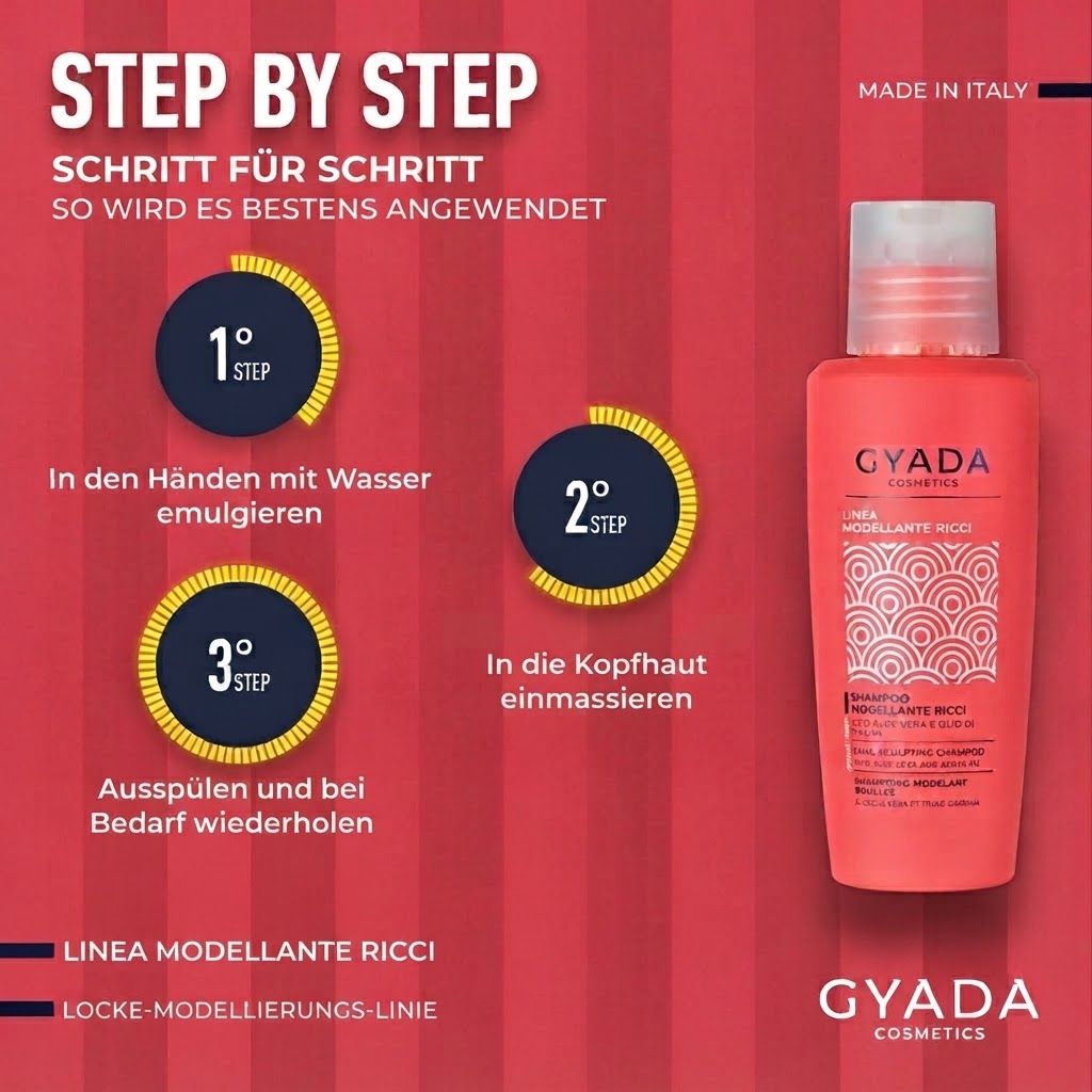 GYADA Cosmetics Locken-Shampoo, orangefarbene Flasche mit weißem Muster und Verschluss. Schritt-für-Schritt-Anwendung.
