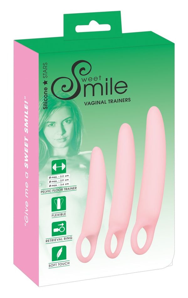 Rosa Vaginaltrainer-Set. Drei unterschiedlich große, längliche Formen mit Ring. Verpackung mit Logo und Produktbezeichnung.
