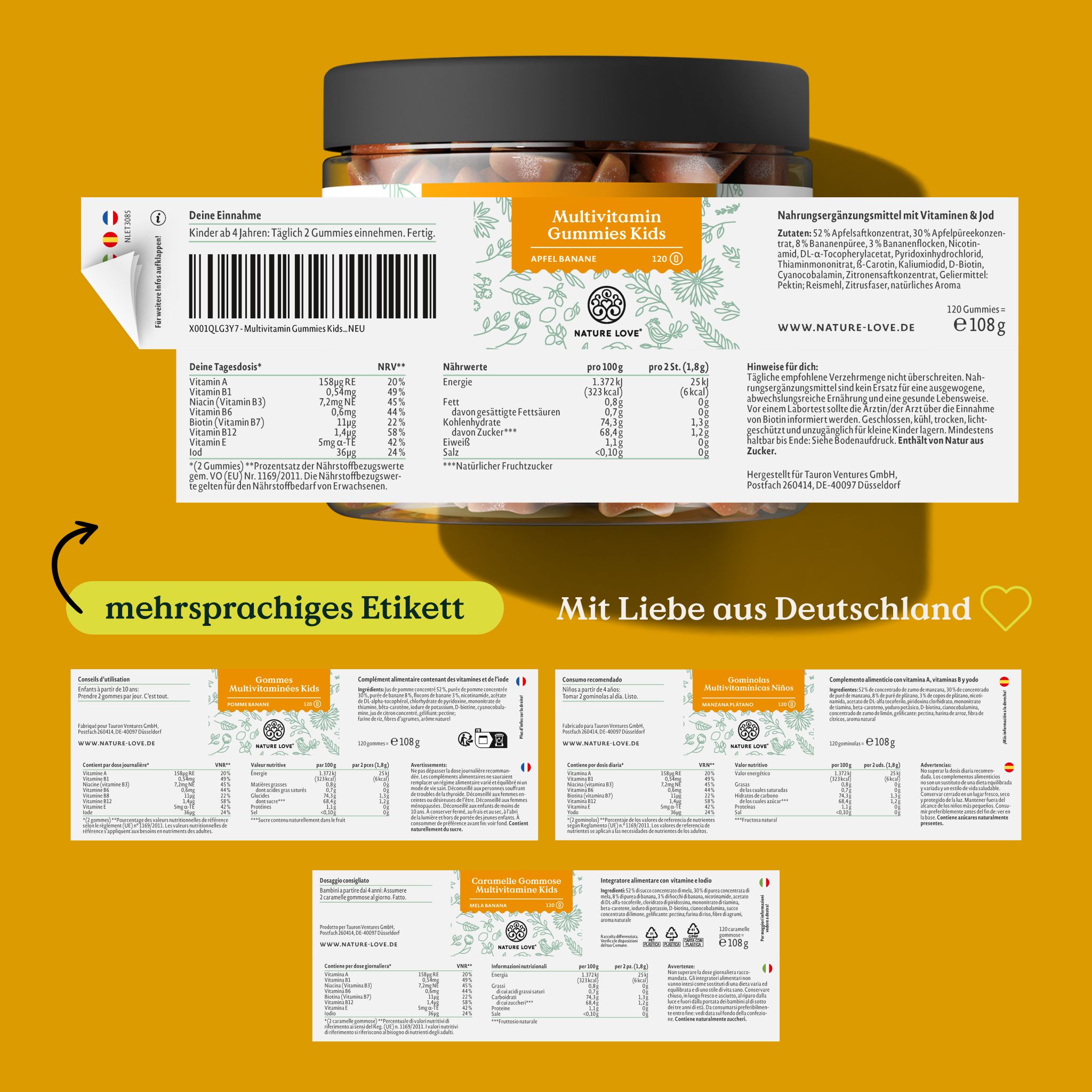 Mehrsprachiges Etikett mit Informationen zu NATURE LOVE® Multivitamin Gummies Kids. Nährwertangaben, Inhaltsstoffe, Herkunft.