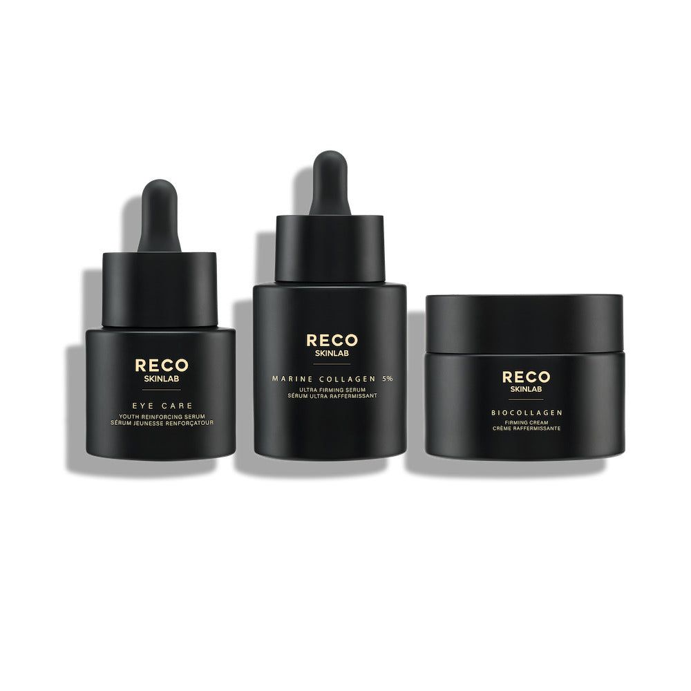 Drei schwarze Flakons von RECO SKINLAB. Enthalten Eye Care, Marine Collagen 5% und BioCollagen. Alle mit schwarzem Deckel.