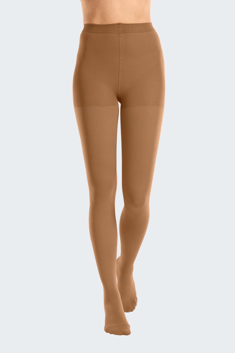 Hautfarbene Strumpfhose, Frontalansicht. Beinbekleidung mit Fußteil, hoher Bund. Material scheint blickdicht.