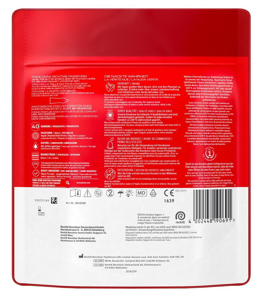 Rote Durex Gefühlsecht Classic Kondom-Packung, 40 Stück, mit Feder-Symbol.