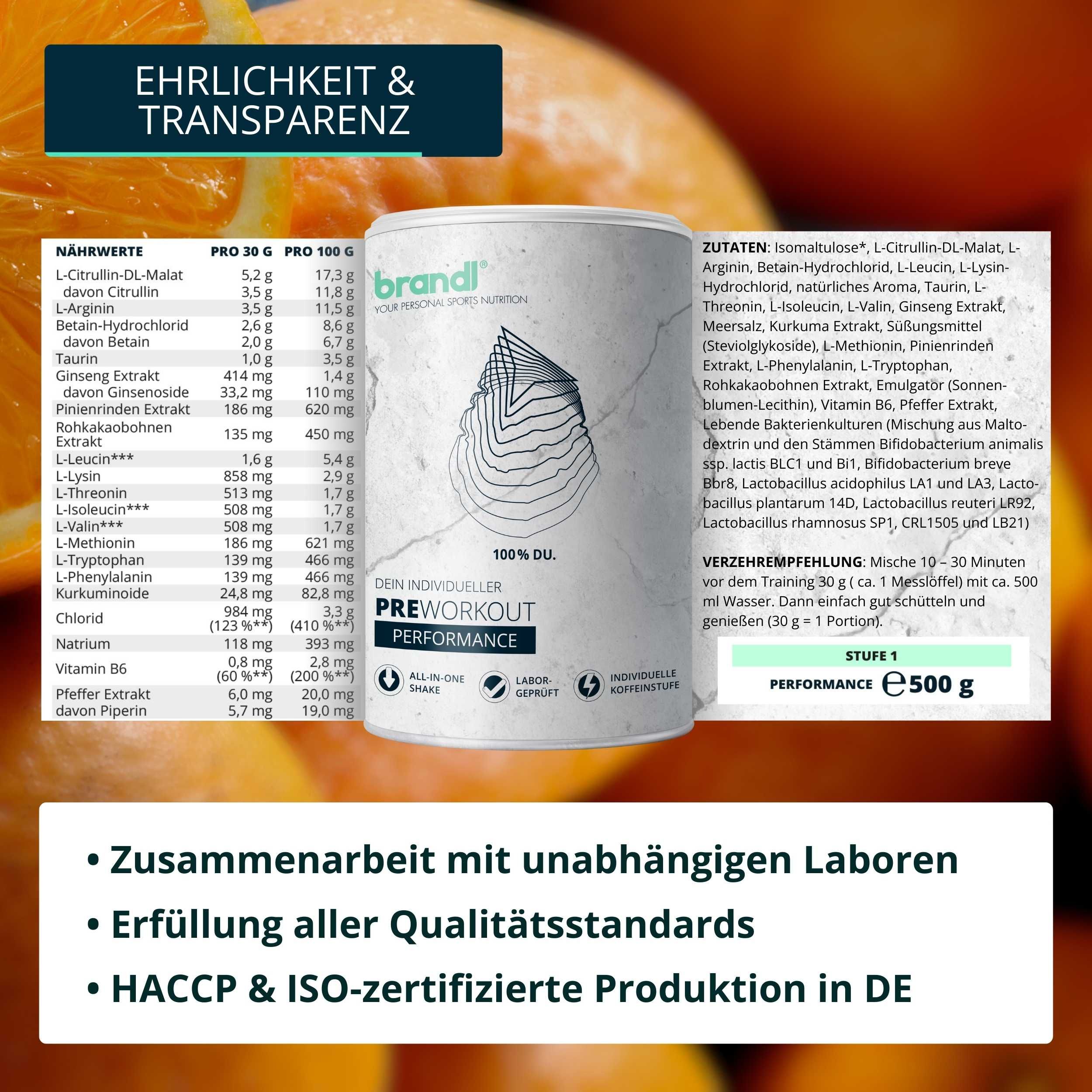 Dose brandl® Pre-Workout, Text: Nährwerte, Zutaten, Stufe 1, Performance, 500g. Text: Zusammenarbeit mit unabhängigen Laboren.