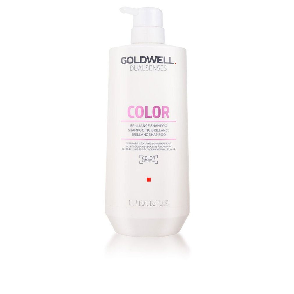 Weißer Shampoo-Behälter mit Pumpe. Text: GOLDWELL DUALSENSES COLOR. 1L/1QT 1.8 FL.OZ.