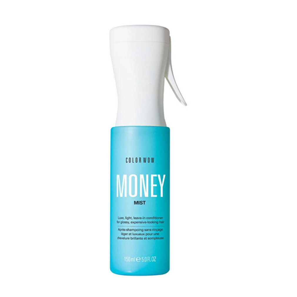 Hellblaue Sprühflasche mit weißem Sprühkopf. Beschriftung: "COLOR WOW MONEY MIST".