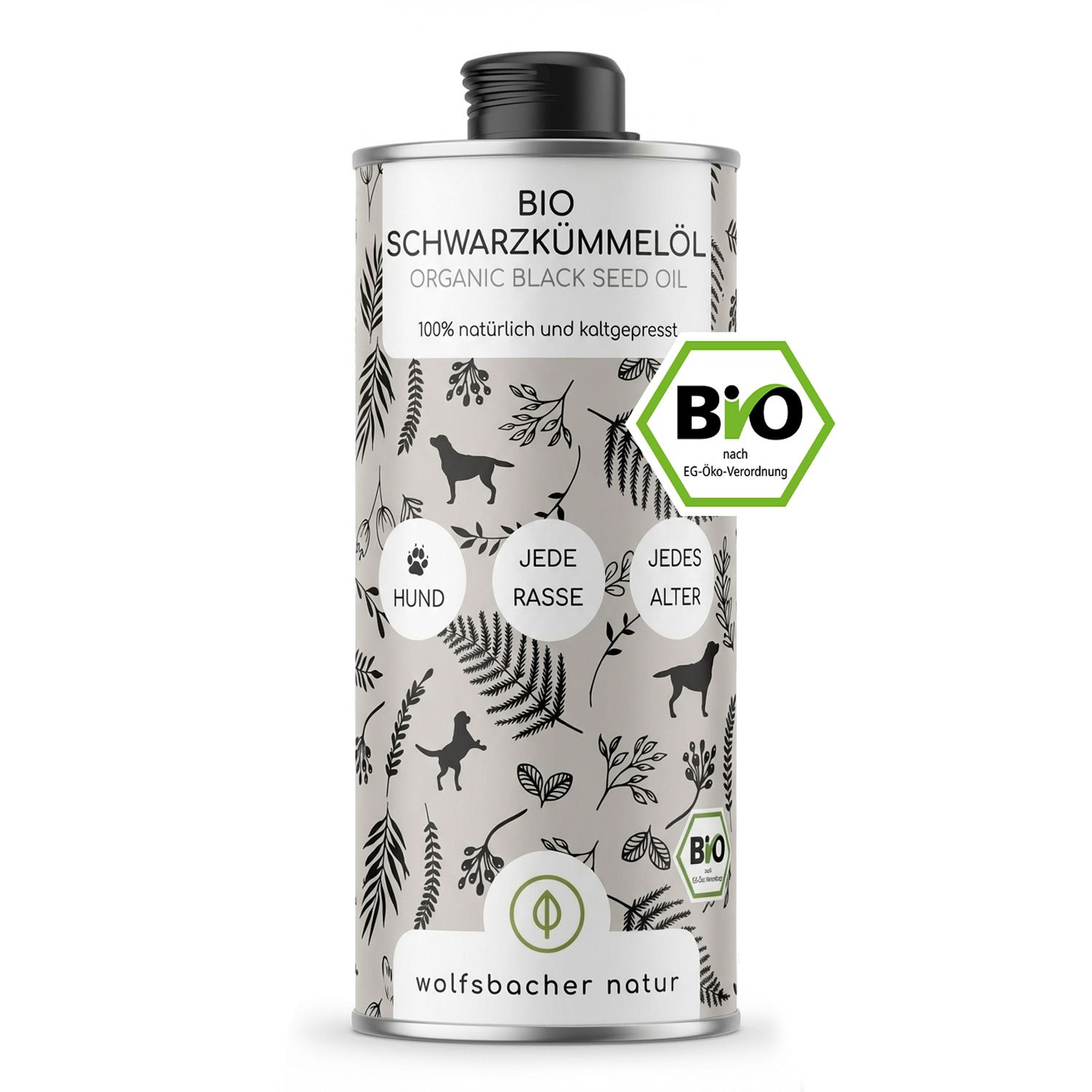 Zylindrische Flasche mit schwarzem Deckel. Aufschrift: BIO Schwarzkümmelöl, 100% natürlich & kaltgepresst. Bio-Siegel.