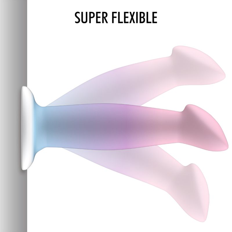 Dildo in Rosa, Lila und Blau, flexibel dargestellt. An einer Wand befestigt.