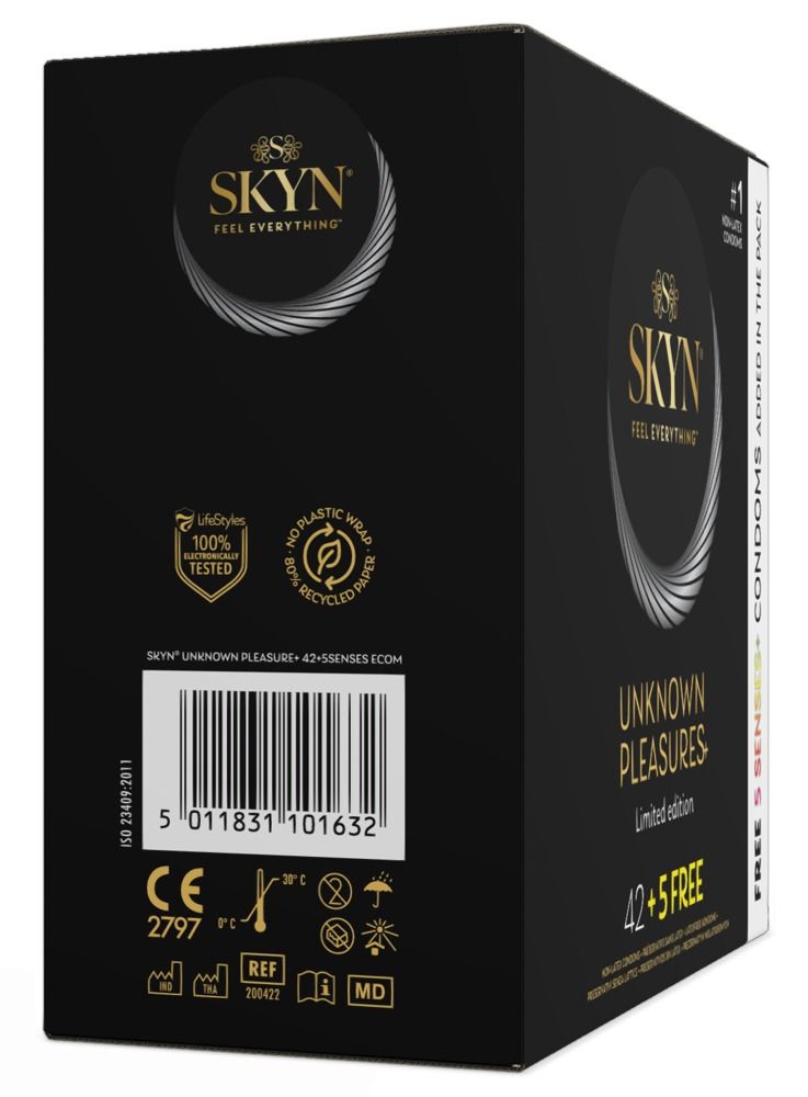 Schwarze Verpackung. SKYN-Logo. Aufschrift: Unknown Pleasures, Limited Edition, 42+5 FREE. 100% getestet. CE-Kennzeichnung.