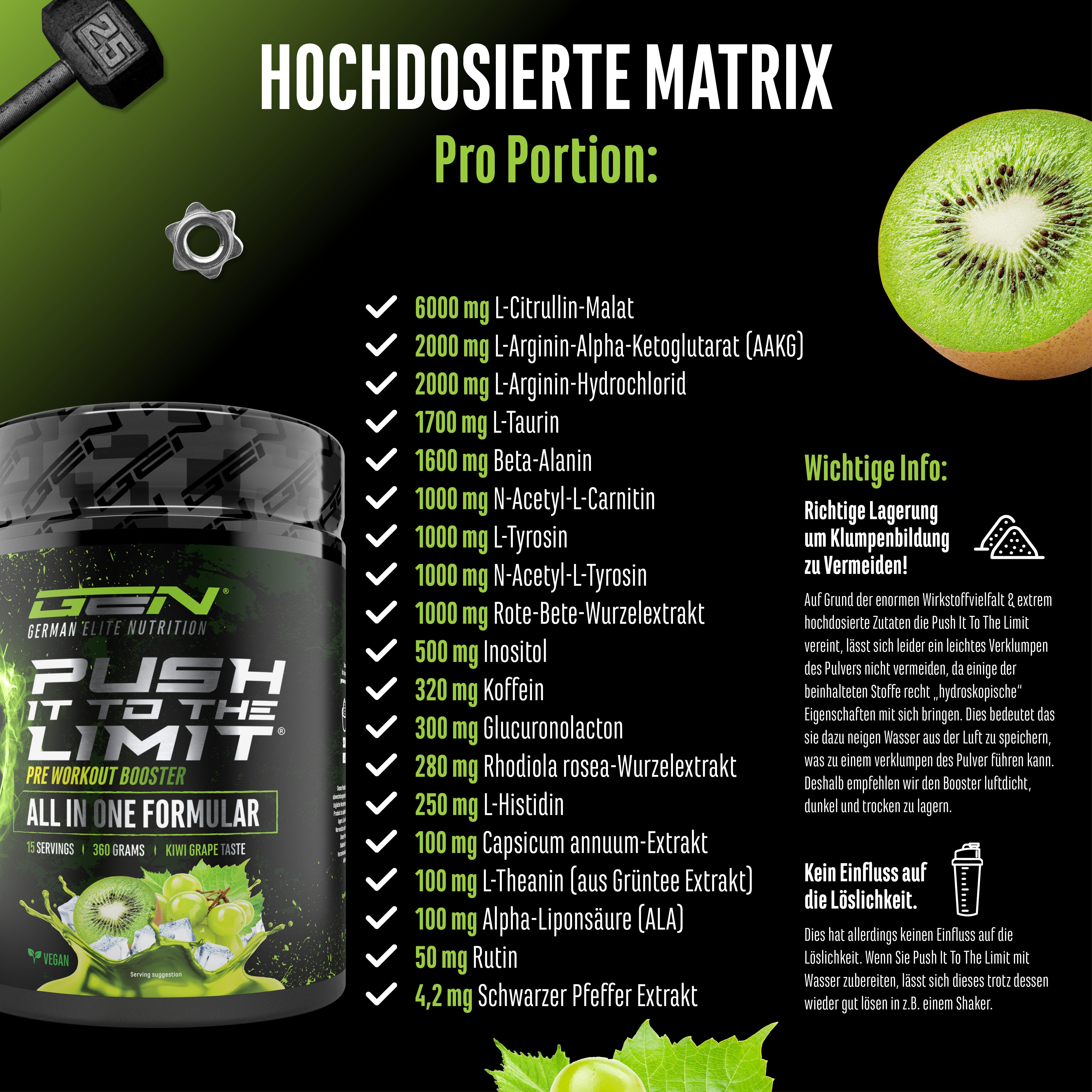Dose GEN Push It To The Limit. Inhaltsstoffe: Citrullin-Malat, Beta-Alanin, Taurin, Koffein, etc. Mit Kiwi und Trauben.
