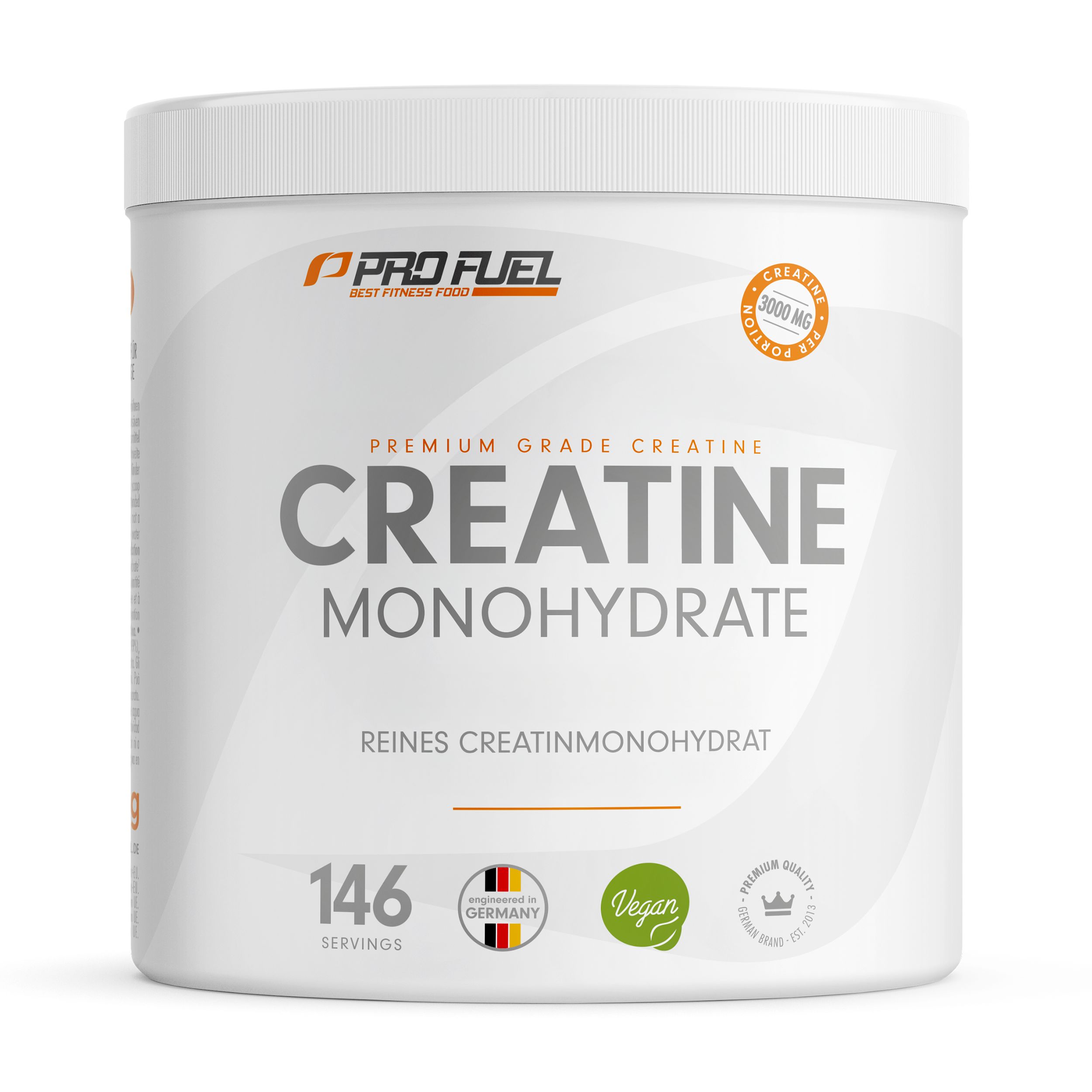 Weißer Behälter mit Deckel. Aufschrift: CREATINE MONOHYDRATE, 146 Portionen, Vegan-Siegel. Logo: PRO FUEL.