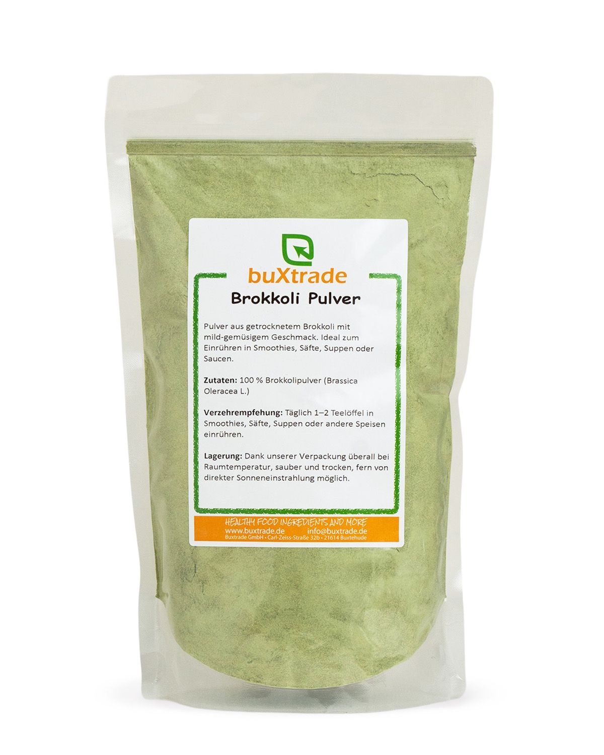 Verpackung mit buXtrade Brokkoli Pulver. Enthält 100% Brokkolipulver.