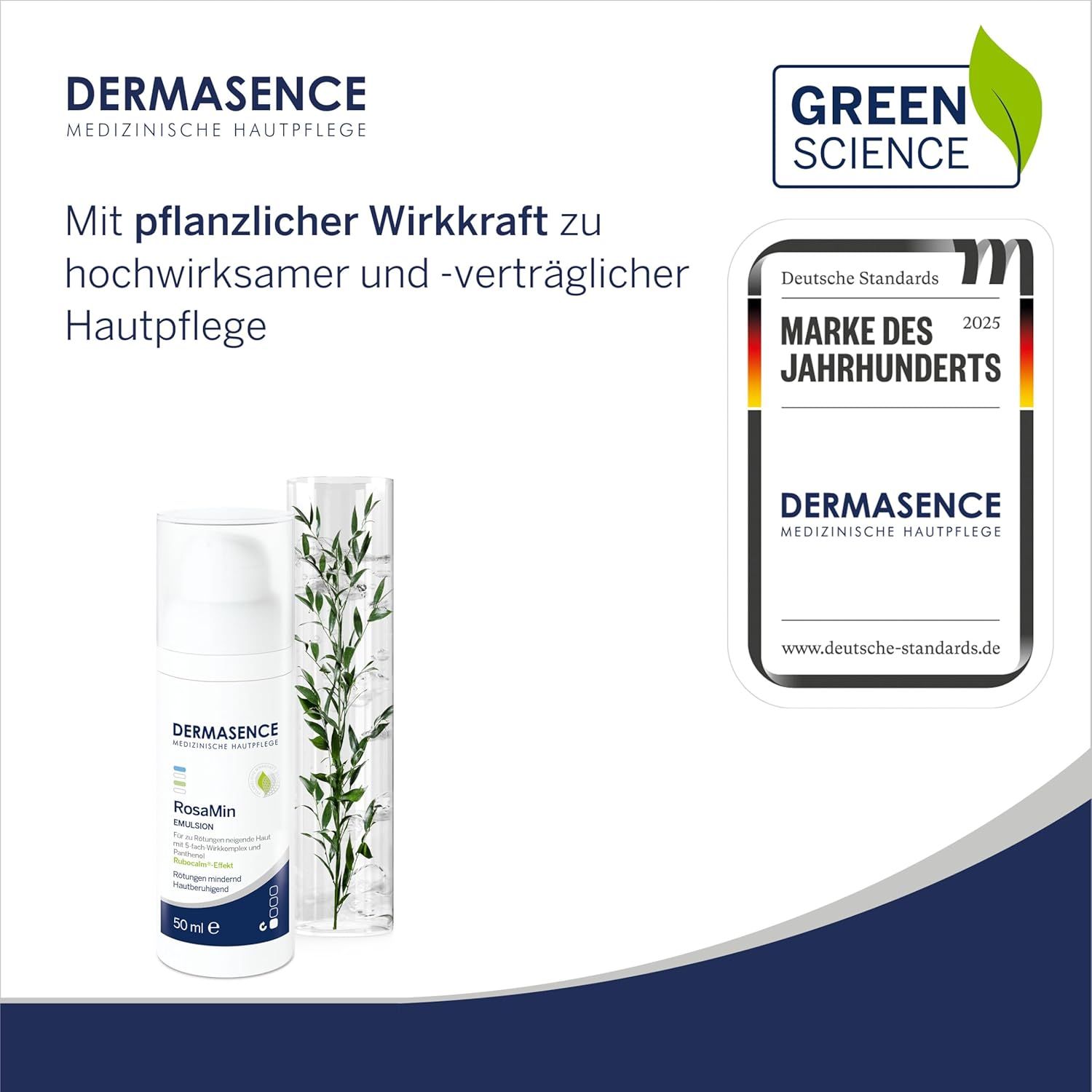 DERMASENCE RosaMin Emulsion. Weiße Flasche mit Spender. Grün-Science-Logo. Auszeichnung "Marke des Jahrhunderts".