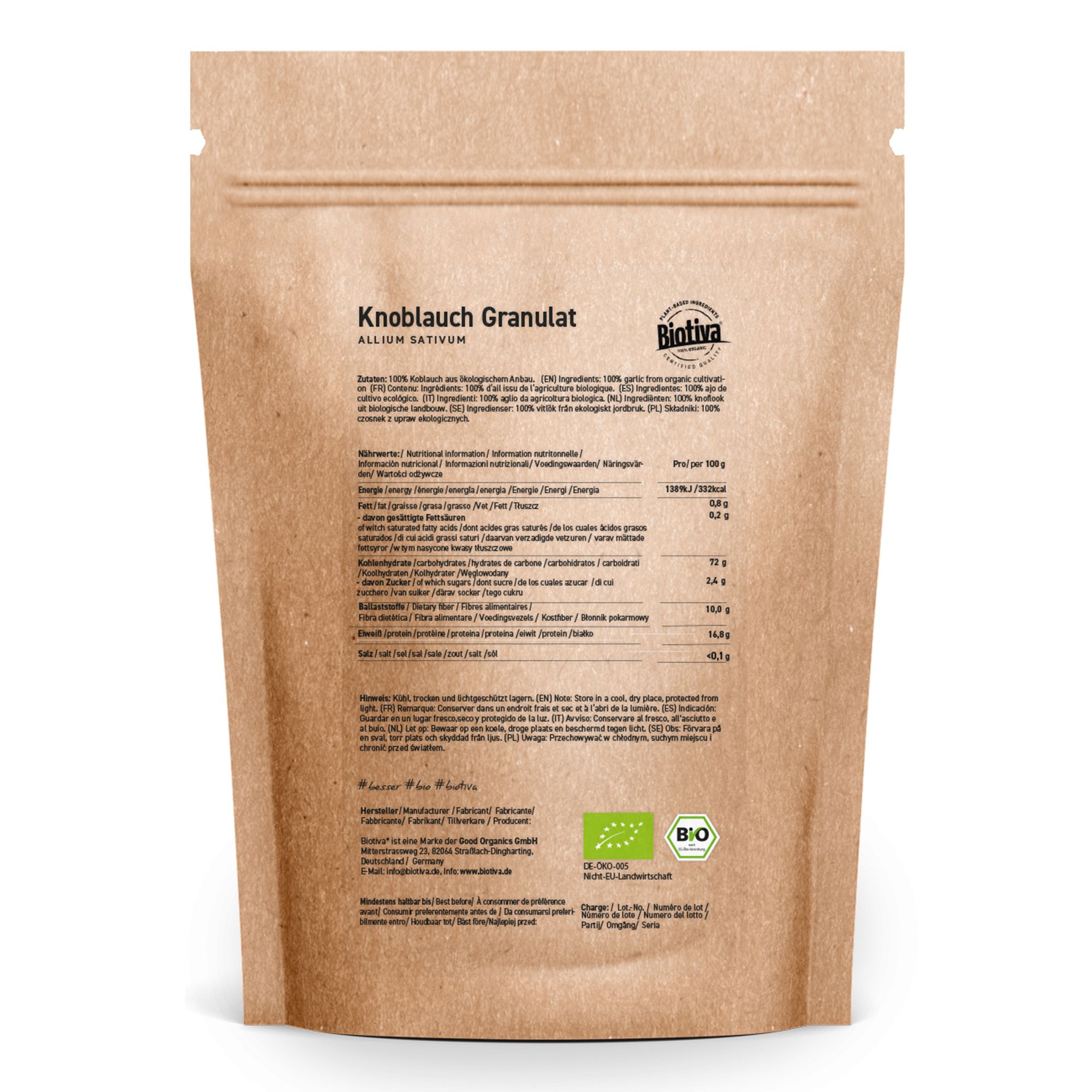 Braune Papiertüte mit Aufdruck. Text: Knoblauch Granulat, Biotiva, Bio-Siegel. Rückseite mit Nährwertangaben und Bio-Zertifizierung.