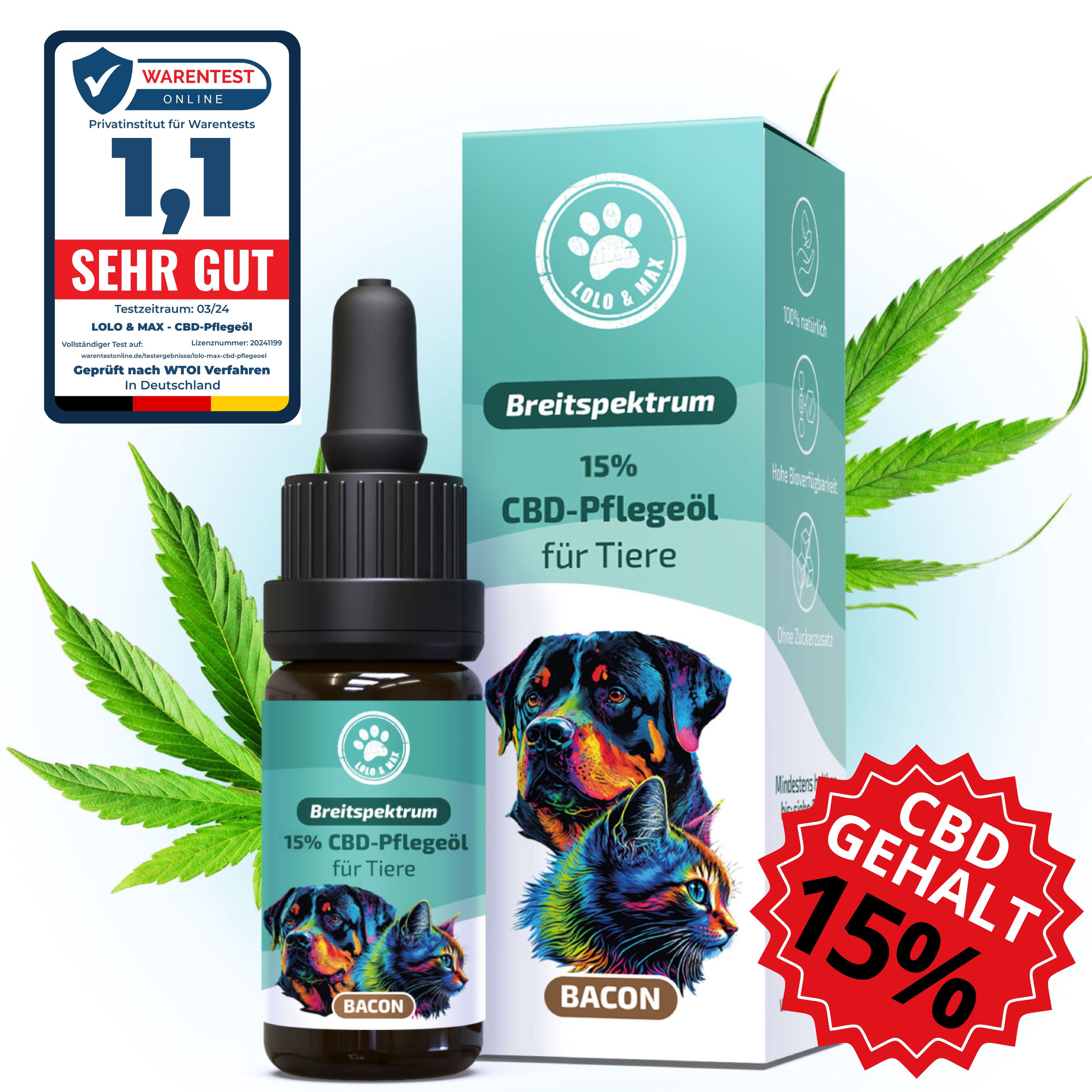 Produktflasche und Verpackung mit Hundemotiv. Text: 15% CBD-Pflegeöl für Tiere, Sehr gut, CBD Gehalt 15%.