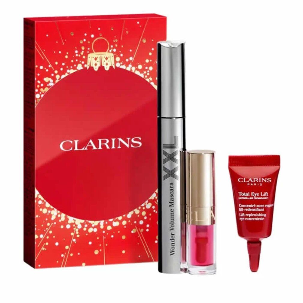 Rotes Geschenkset mit Mascara, Lipgloss und Augenpflege. Clarins-Logo auf der Verpackung und Mascara.