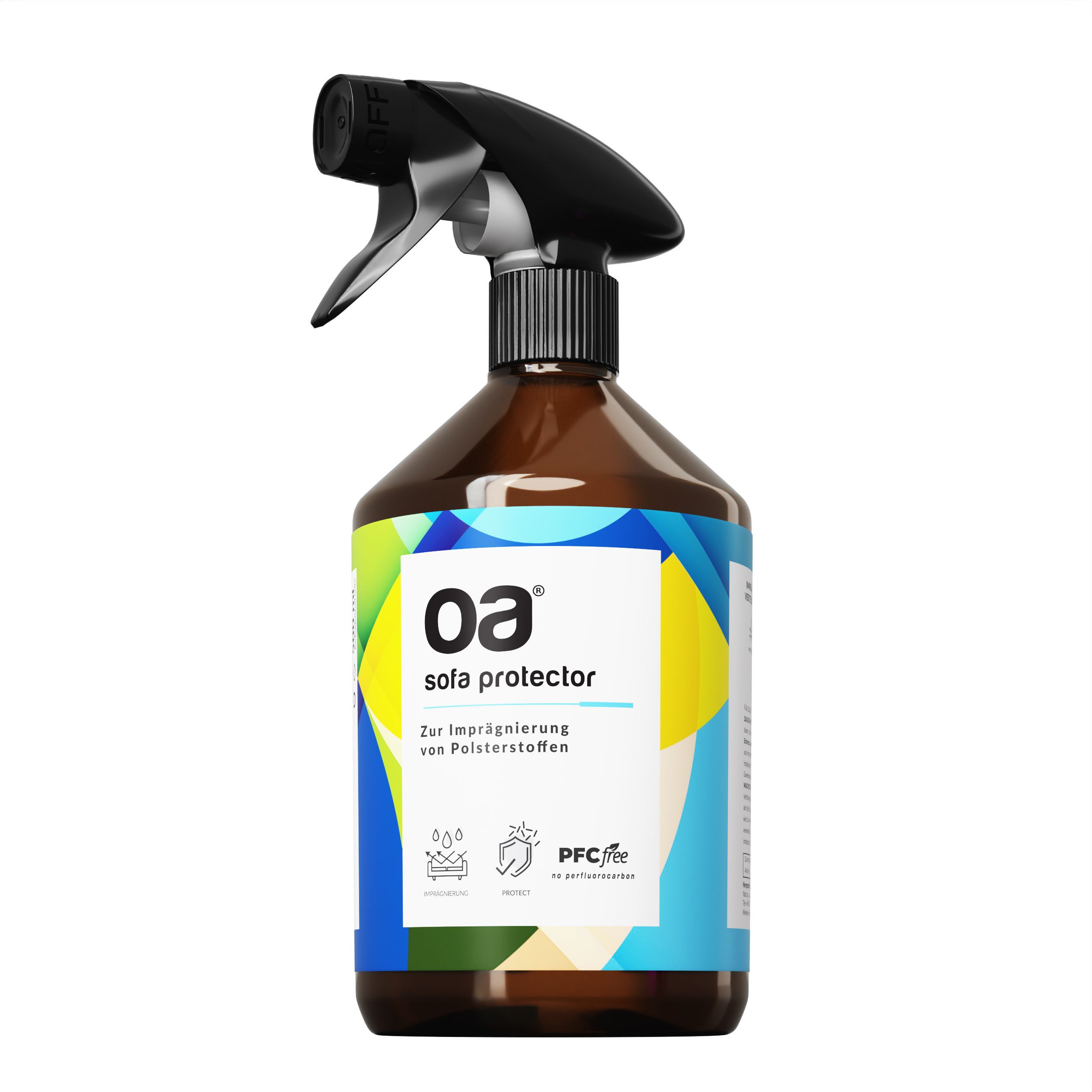 OA Sofa Protector Sprühflasche. Braune Flasche mit schwarzem Sprühkopf. Aufschrift: Zur Imprägnierung von Polsterstoffen. PFC-frei.