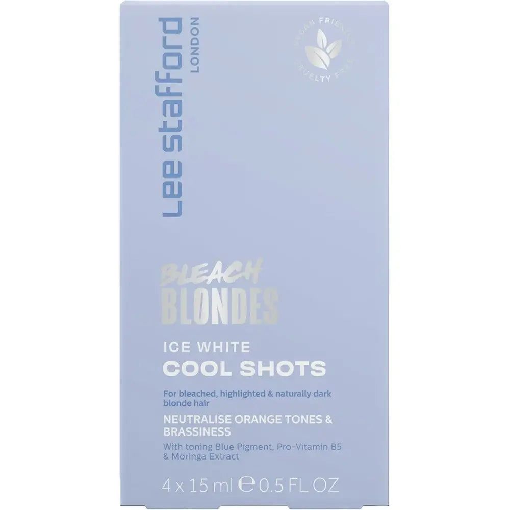 Verpackung von Lee Stafford Bleach Blondes Eisweiße Kaltspülung, 4x15ml.