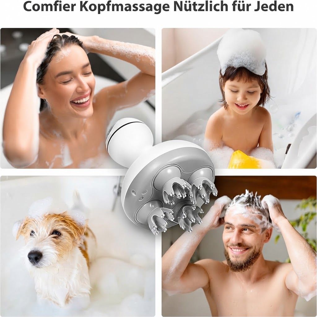 Elektrischer Kopfmassagegerät mit 4 Köpfen, weiß und grau.