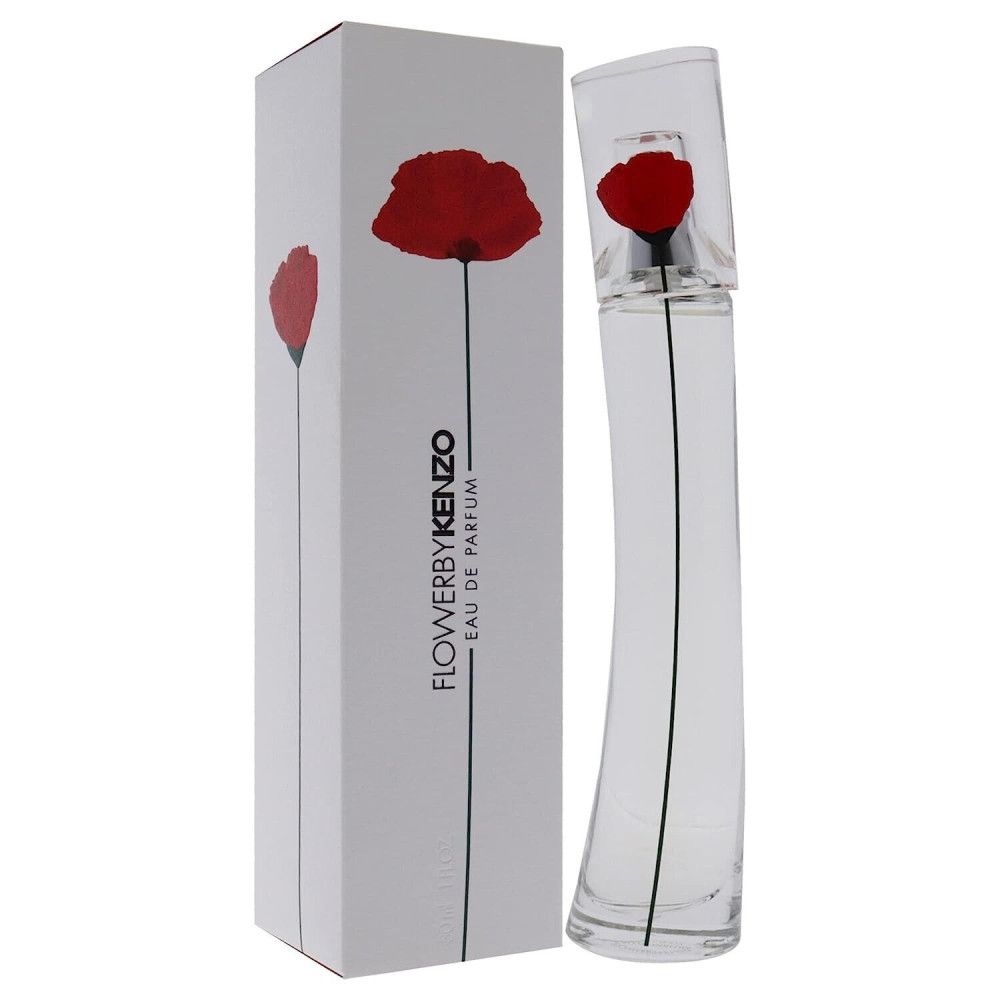 Parfümflasche und Verpackung. Flasche mit roter Blume, weißer Karton mit Logo und Blume. Schriftzug: FlowerbyKenzo Eau de Parfum.