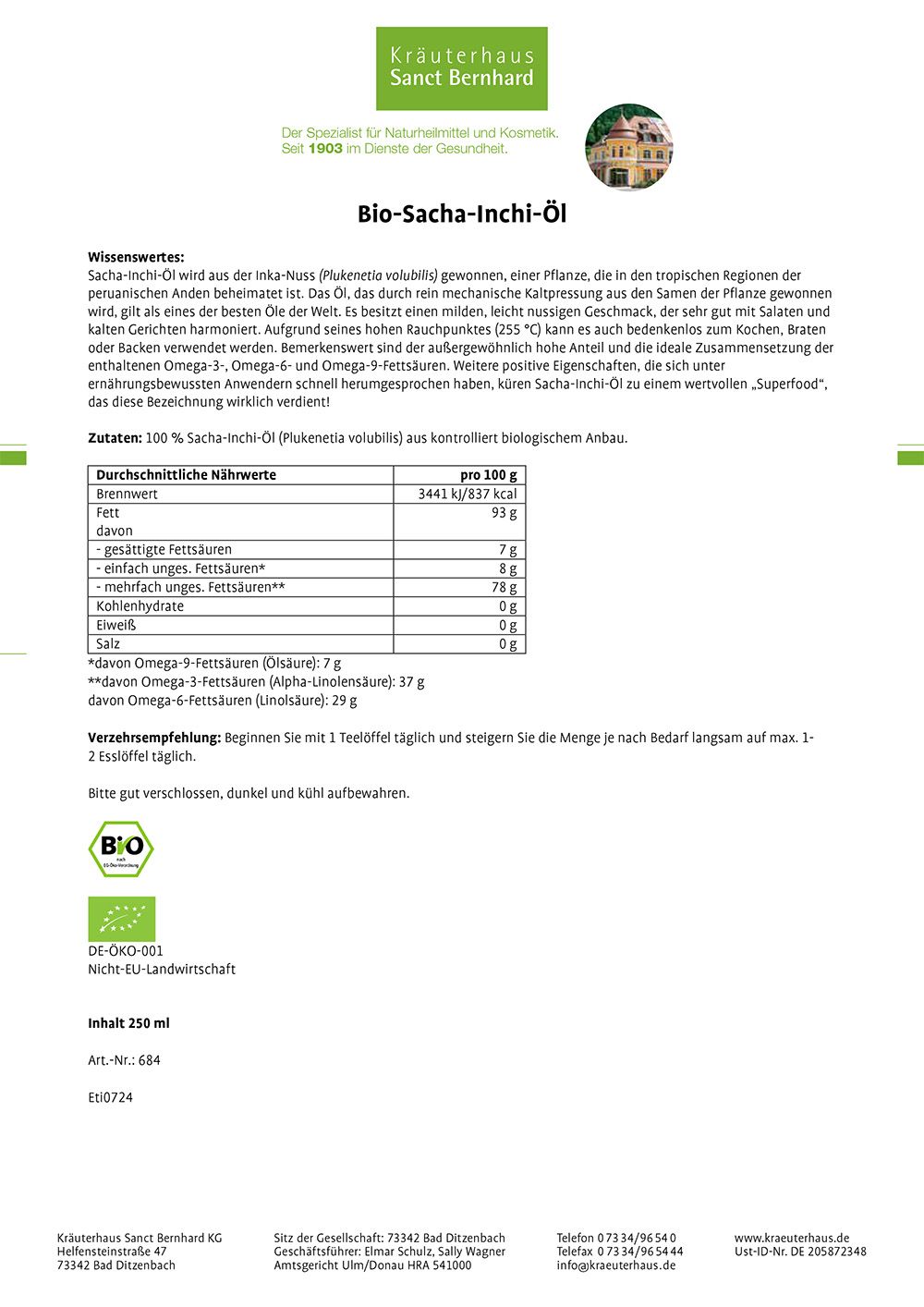 Etikett mit Nährwertangaben und Bio-Siegel. Text in deutscher Sprache. Enthält Informationen zu Inhaltsstoffen und Nährwerten.