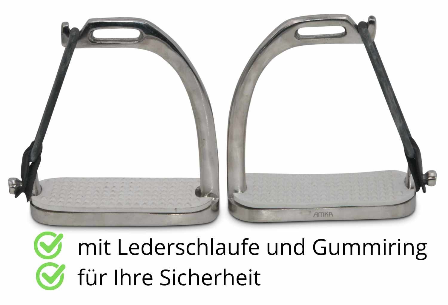 Zwei silberfarbene Sicherheitssteigbügel mit Leder- und Gummiring. Text: mit Lederschlaufe und Gummiring für Ihre Sicherheit.