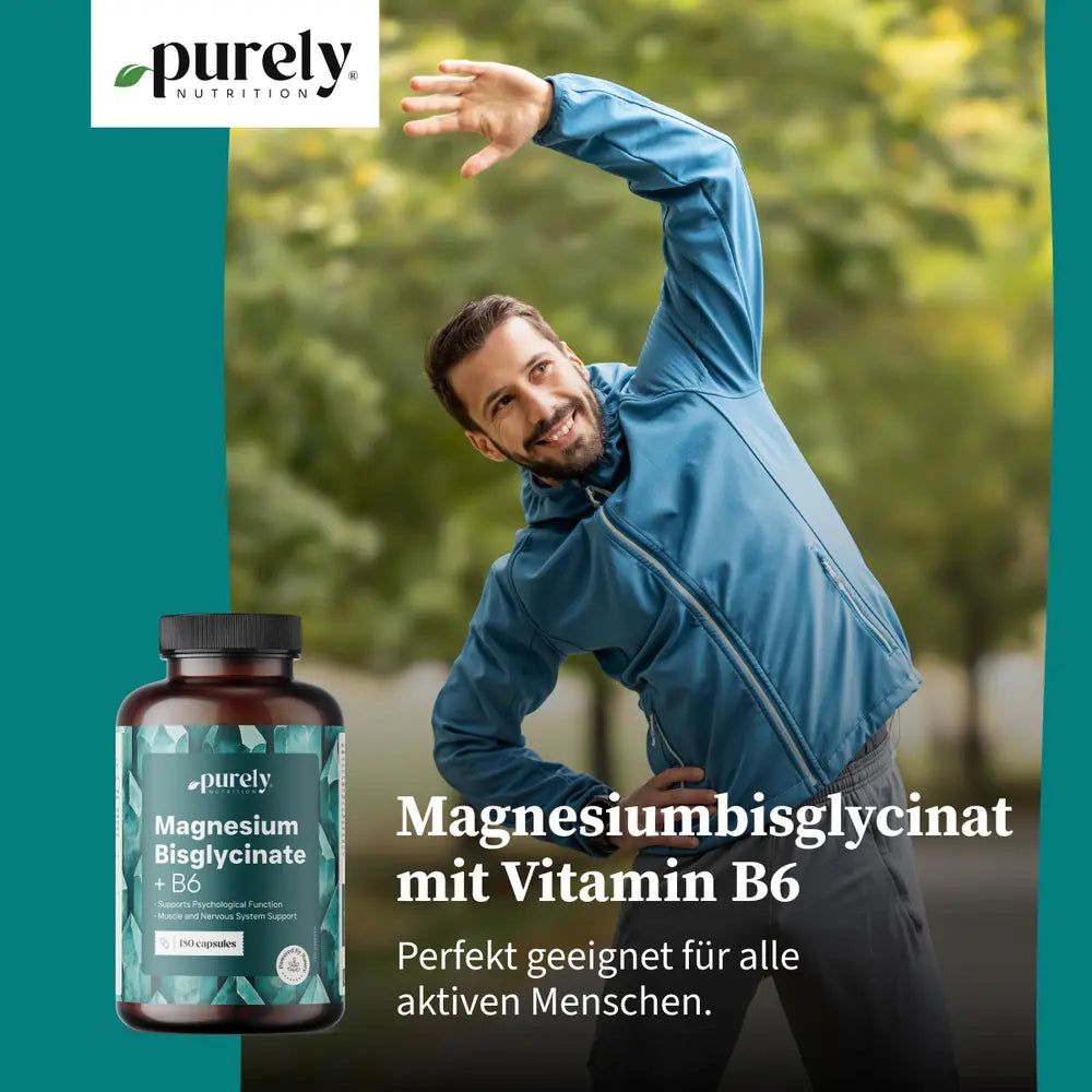 Mann dehnt sich. Flasche mit Magnesiumbisglycinat mit Vitamin B6. Text: Magnesiumbisglycinat mit Vitamin B6.