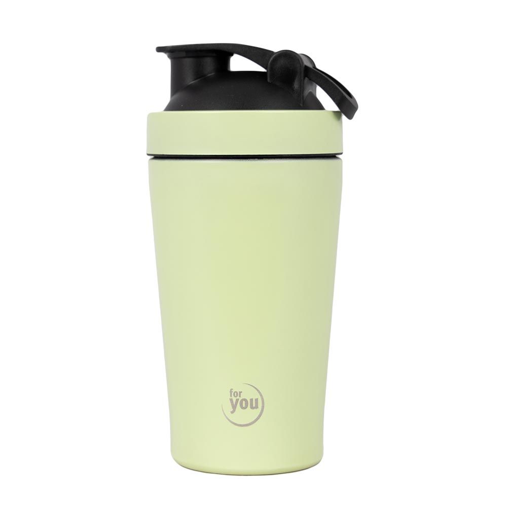 Hellegrüner Shaker aus Edelstahl mit schwarzem Deckel und Logo.