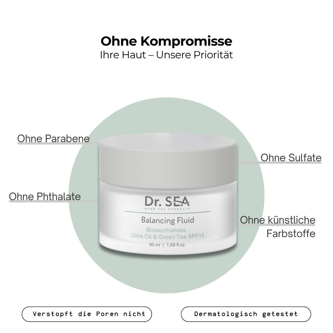 Produkt mit Text. Text: Ohne Parabene, Ohne Phthalate, Ohne Sulfate, Ohne künstliche Farbstoffe. Dermatologisch getestet.