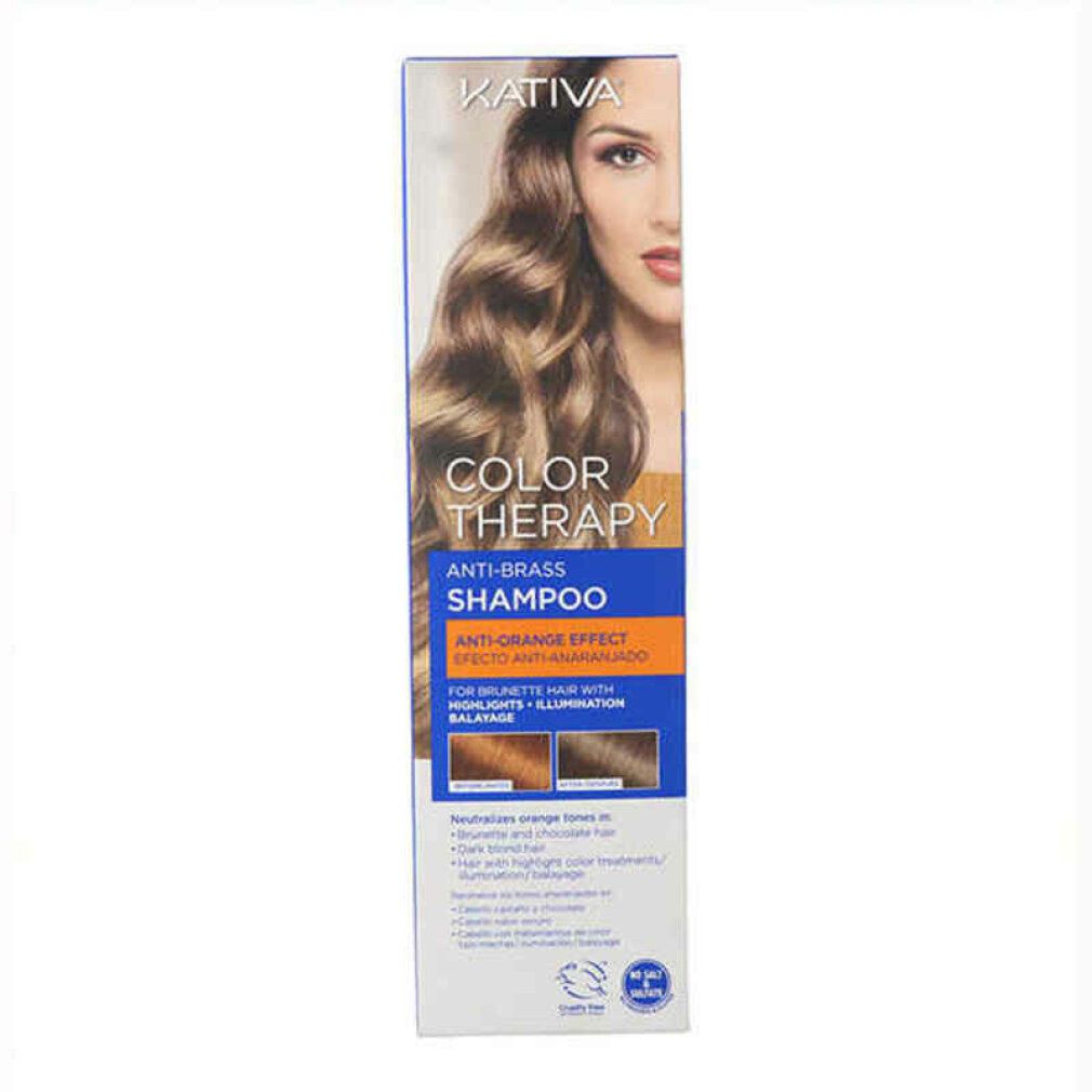 Kativa Color Therapy Shampoo-Verpackung. Frau mit braunem Haar. Blaue, gelbe und braune Beschriftung.