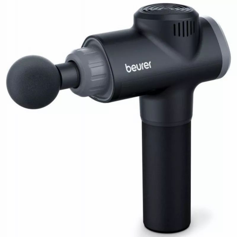 Schwarzes Massagegerät mit rundem Aufsatz. Graue Akzente. Beurer-Logo. Oberseite mit Lüftungsschlitzen. Griffbereich mit Rillen.