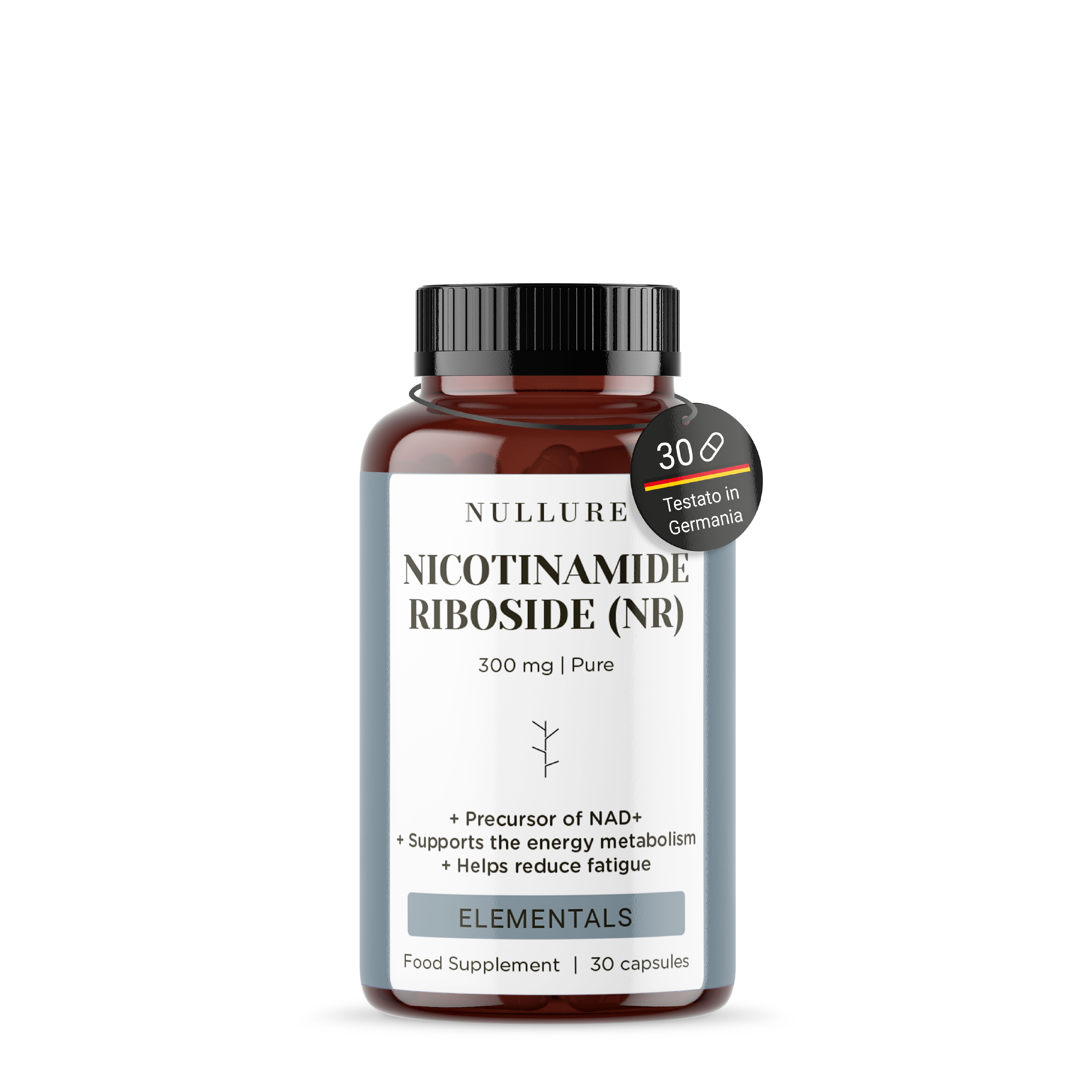 Nullure Nicotinamide Riboside Kapselbehälter mit 30 Kapseln und einem Siegel 'Testato in Germania'.