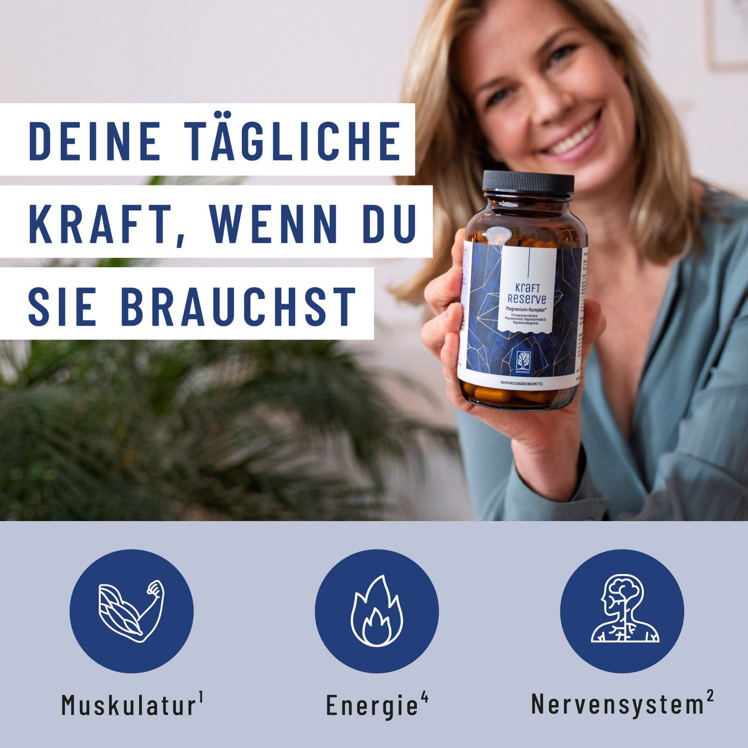 Frau mit Flasche. Symbole für Muskeln, Energie und Nervensystem. Text: Deine tägliche Kraft.
