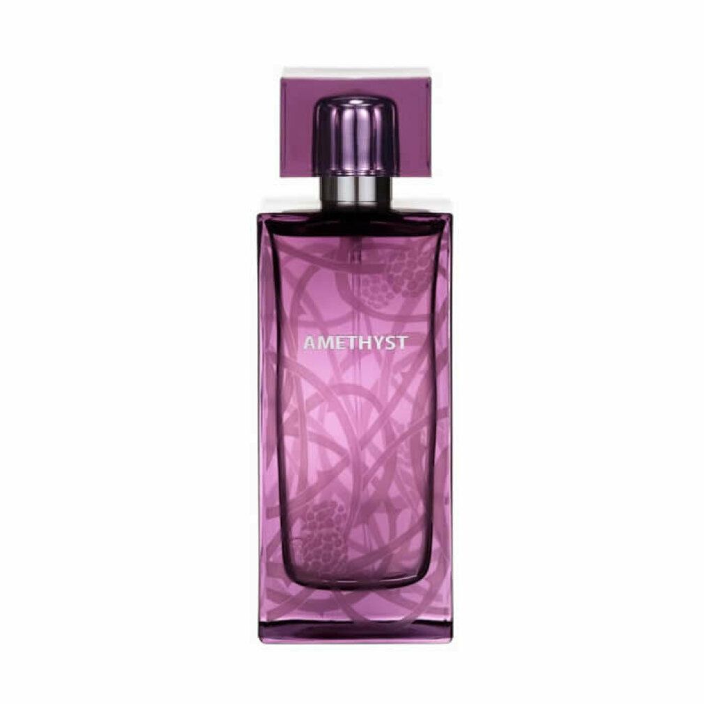 Lalique Amethyst Eau de Parfum Flakon. Lila Flakon mit AMETHYST-Schriftzug. Dekoratives Muster auf dem Flakon.