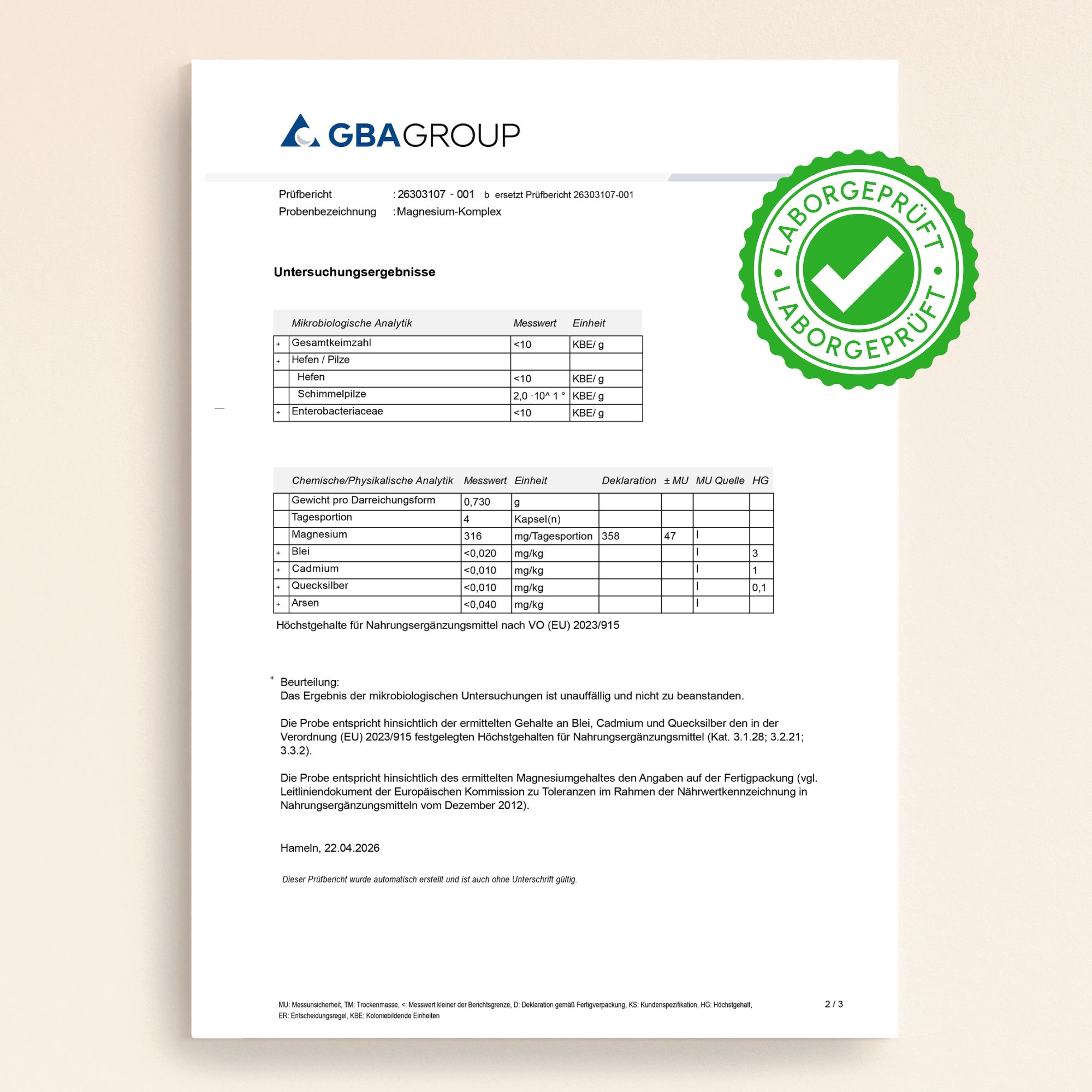 Prüfbericht von GBA GROUP mit Siegel 'Laborgeprüft'. Zeigt mikrobiologische und chemisch-physikalische Analyseergebnisse für Magnesium.