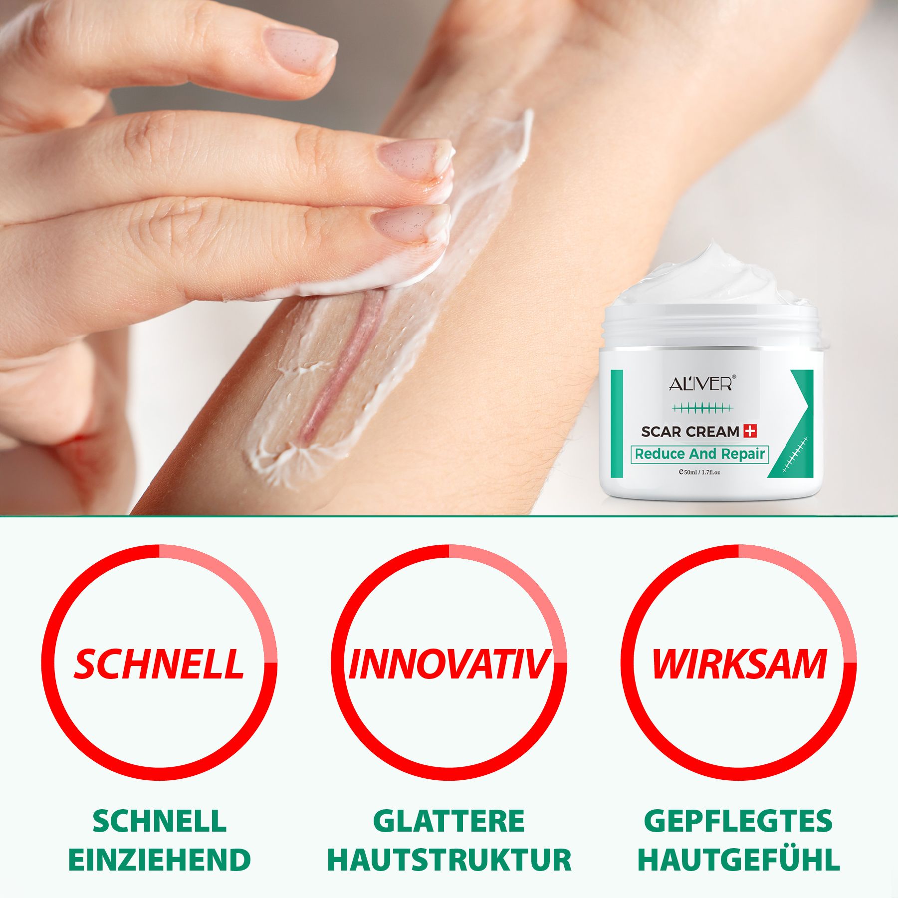 Hand trägt Creme auf Narbe auf. Neben: Creme-Tiegel ALIVER SCAR CREAM. Text: Schnell, innovativ, wirksam.
