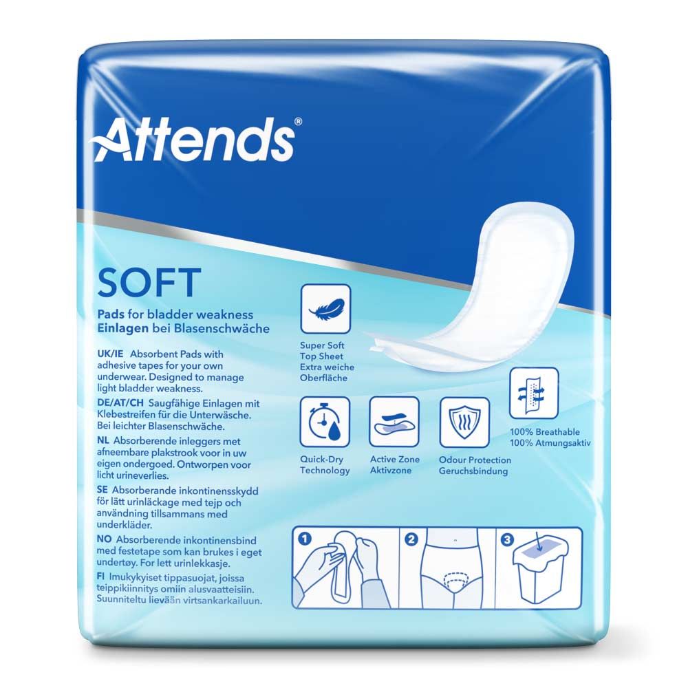 Attends Soft. Rückseite der Verpackung mit Produktinformationen und Piktogrammen. Blaue Verpackung.