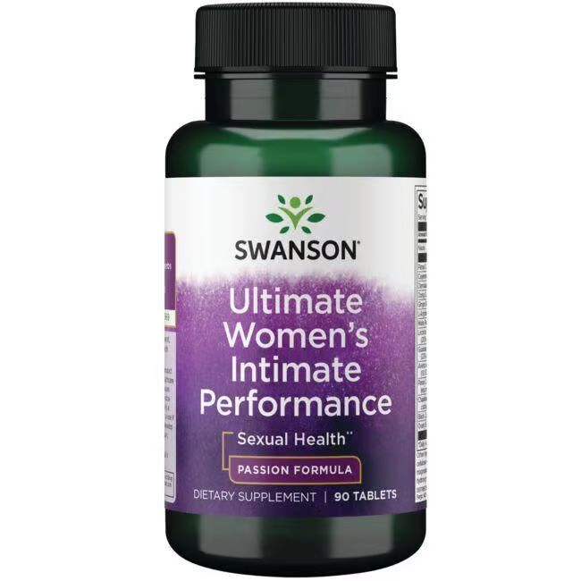 Grüne Flasche mit schwarzem Deckel. Aufschrift: SWANSON Ultimate Women's Intimate Performance. 90 Tabletten.