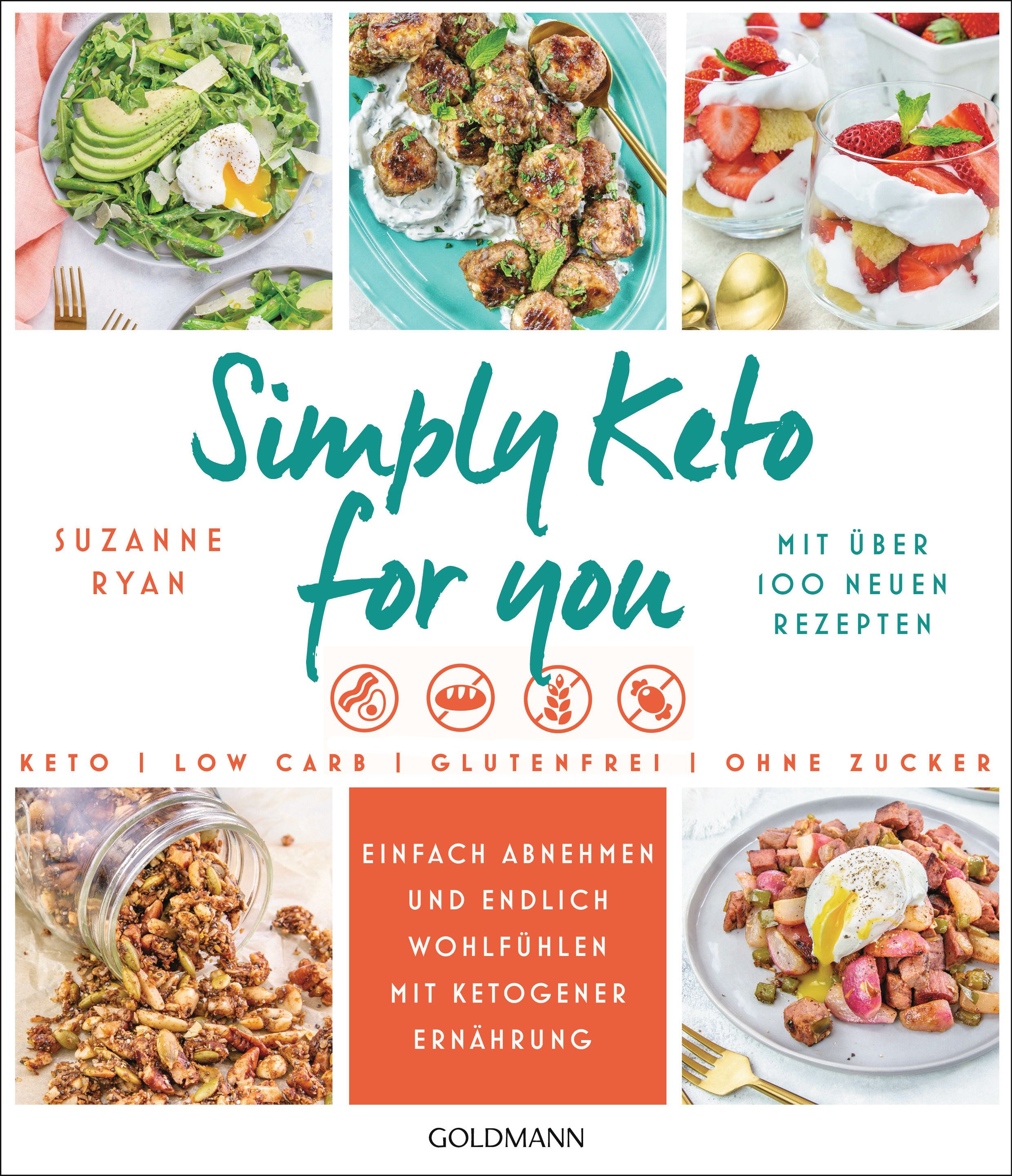 Buchcover mit dem Titel "Simply Keto for you". Es zeigt verschiedene Gerichte und Text über ketogene Ernährung.