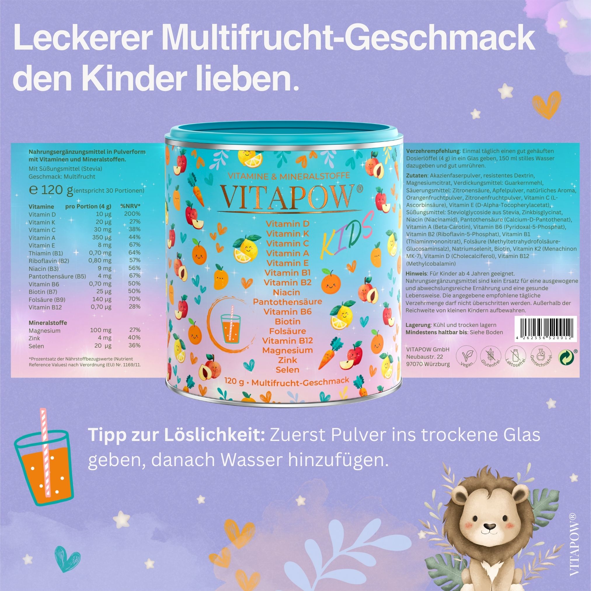 Produktverpackung mit Text: Vitapow Kids, 120g, Multfrucht-Geschmack. Inhaltsstoffe und Nährwertangaben. Anleitung zur Zubereitung.