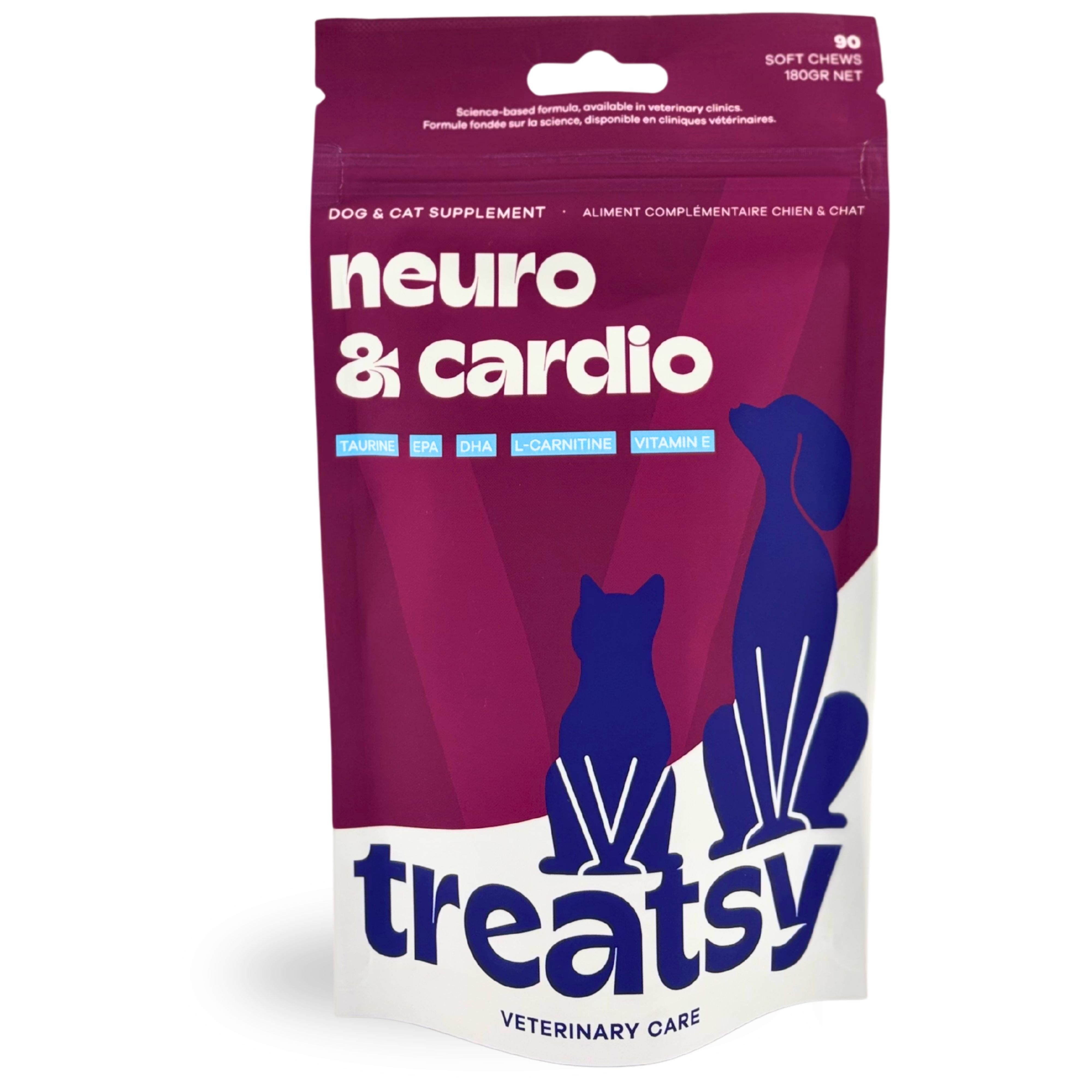 Beutel mit Aufschrift Neuro & Cardio. Marke: Treatsy. Für Hunde und Katzen. Text: Dog & Cat Supplement.