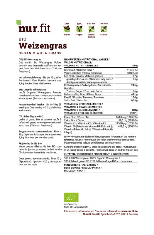 Rückseite der Tüte mit Nährwertangaben und Inhaltsstoffen. Aufschrift: nur.fit BIO Weizengras Pulver. Bio-Siegel.