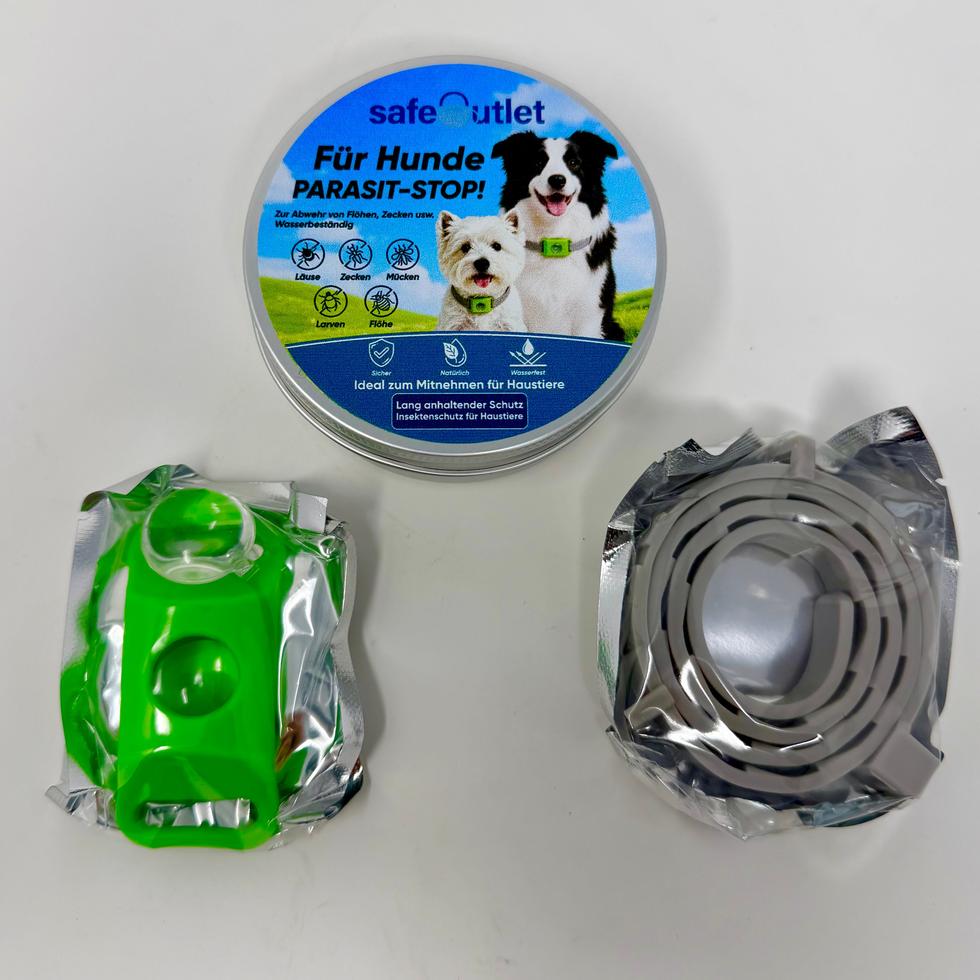 Safeoutlet Parasit-Stop Dose mit Hundehalsband und grüner Klick-Applikator.