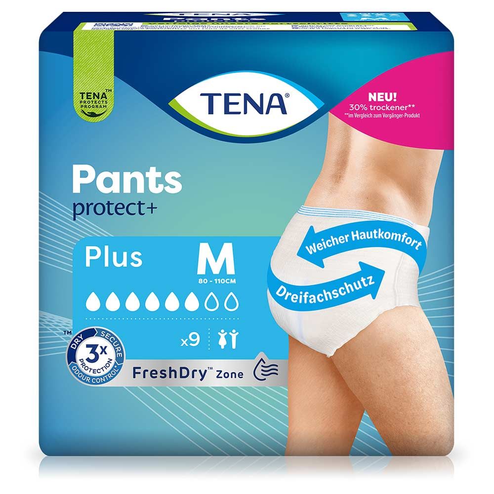 Verpackung TENA Pants Plus M. Blaue Verpackung mit Produktabbildung. Produktbezeichnung, Größe M, und Saugstärke-Indikator.