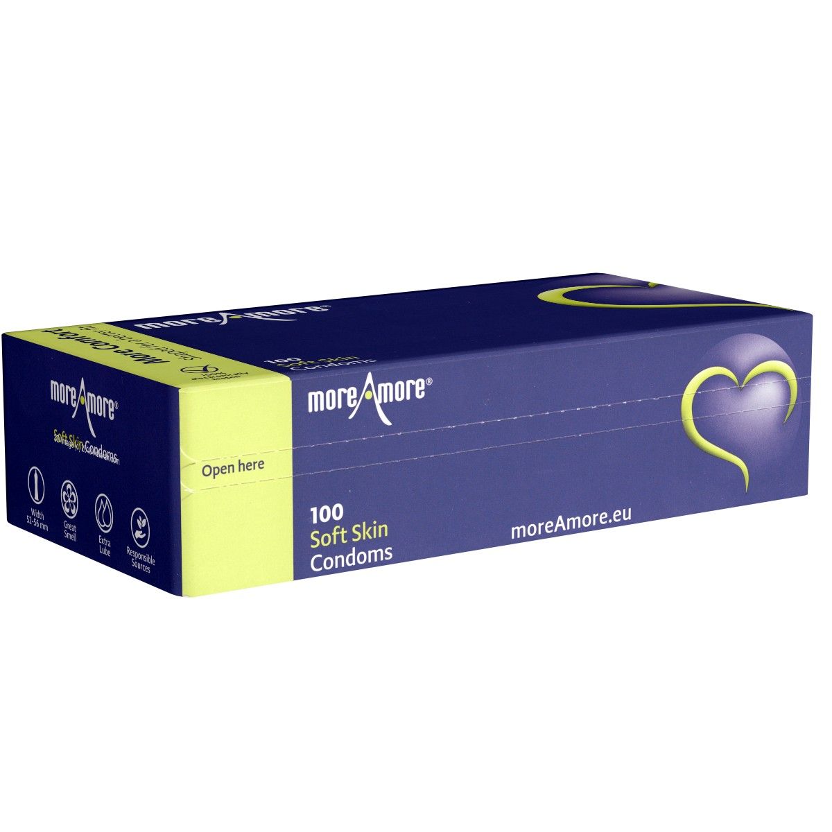 Dunkelblaue Schachtel mit gelben Akzenten. Aufschrift: more Amore, 100 Soft Skin Condoms. Herz-Logo.