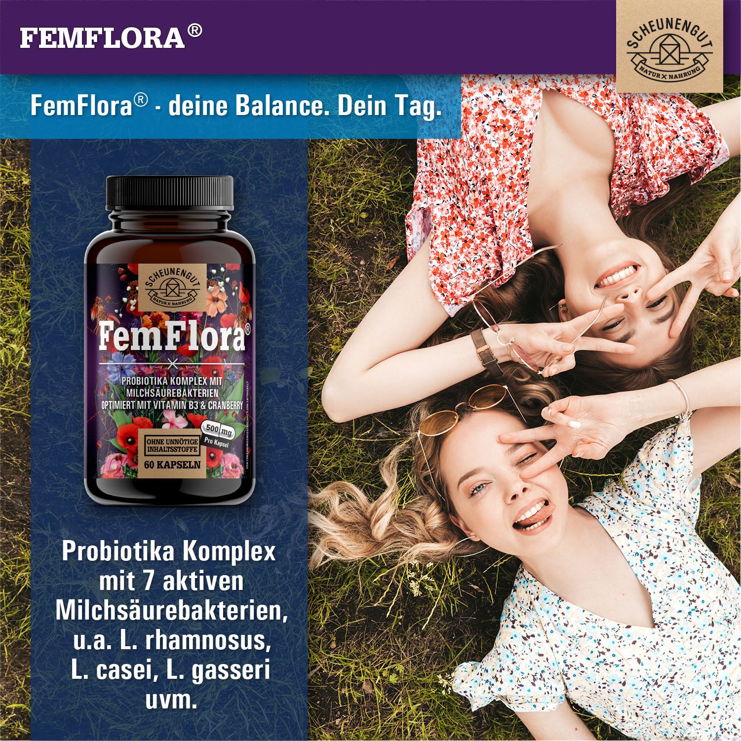 Zwei Frauen liegen im Gras. FemFlora-Flasche daneben. Text: FemFlora - deine Balance. Dein Tag. Probiotika Komplex.